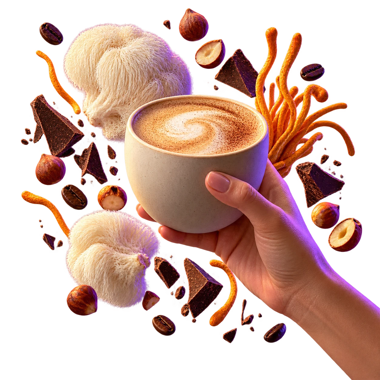 Latte crémeux entouré de Lion’s Mane, Cordyceps, cacao, noisettes et grains de café
