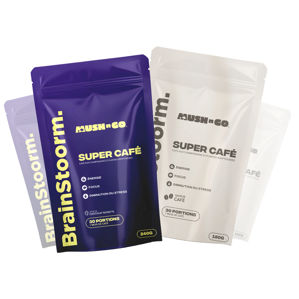Sachets officiels Brainstoorm MushNGo : chocolat-noisette en violet et café en blanc